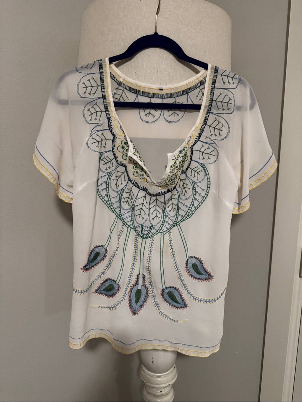 Embroidered White Peasant Blouse with Teal Accents